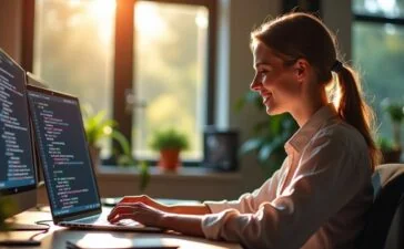 Ein sonnendurchflutetes, modernes Entwickler-Büro mit einer freundlichen Programmiererin, die konzentriert an ihrem Laptop arbeitet, während auf dem Bildschirm ein komplexer Code-Editor im hellen, natürlichen Licht zu sehen ist und im Hintergrund kollegiale Zusammenarbeit und kreative Energie spürbar sind.