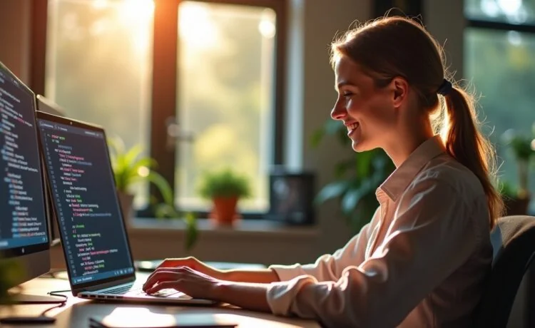 Ein sonnendurchflutetes, modernes Entwickler-Büro mit einer freundlichen Programmiererin, die konzentriert an ihrem Laptop arbeitet, während auf dem Bildschirm ein komplexer Code-Editor im hellen, natürlichen Licht zu sehen ist und im Hintergrund kollegiale Zusammenarbeit und kreative Energie spürbar sind.
