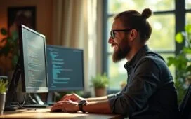 In einem modern eingerichteten, hell erleuchteten Entwicklerbüro strahlt ein lächelnder Softwareentwickler bei natürlichem Tageslicht vor mehreren Bildschirmen mit komplexem Code, umgeben von warmen Holz- und Grüntönen, die die zukunftsweisende, lebendige Energie des fortschrittlichen KI-Coding-Spezialisten Claude Sonnet 4.5 einfangen.