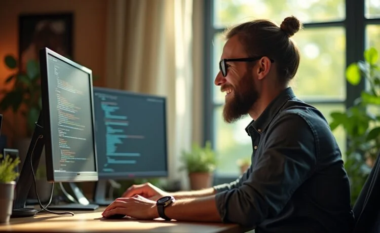 In einem modern eingerichteten, hell erleuchteten Entwicklerbüro strahlt ein lächelnder Softwareentwickler bei natürlichem Tageslicht vor mehreren Bildschirmen mit komplexem Code, umgeben von warmen Holz- und Grüntönen, die die zukunftsweisende, lebendige Energie des fortschrittlichen KI-Coding-Spezialisten Claude Sonnet 4.5 einfangen.