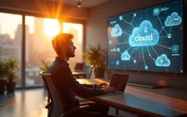 Ein warm beleuchtetes modernes Büro mit einem entspannten Entwickler, der vor einem großen, hellen Bildschirm sitzt, auf dem Cloud-Architekturen grafisch als vernetzte Knotenpunkte dargestellt sind, während natürlicher Sonnenschein durch große Fenster fällt und eine freundliche, motivierende Arbeitsatmosphäre schafft.