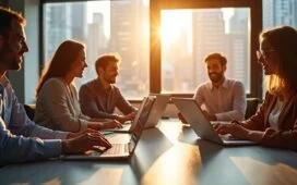 In einem hellen, modern ausgestatteten Büro strahlen engagierte Fachleute verschiedener europäischer Herkunft bei natürlichem Tageslicht Optimismus und Zusammenarbeit aus, während sie mit Laptops und Tablets an vernetzten Cloud-Systemen arbeiten, was die Chancen und Herausforderungen der Cloud-Interoperabilität lebendig und einladend visualisiert.