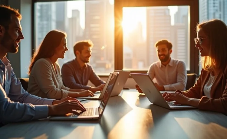 In einem hellen, modern ausgestatteten Büro strahlen engagierte Fachleute verschiedener europäischer Herkunft bei natürlichem Tageslicht Optimismus und Zusammenarbeit aus, während sie mit Laptops und Tablets an vernetzten Cloud-Systemen arbeiten, was die Chancen und Herausforderungen der Cloud-Interoperabilität lebendig und einladend visualisiert.