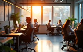 In einem hell erleuchteten, modernen Büro sitzen diverse Mitarbeitende entspannt und konzentriert an ergonomischen Arbeitsplätzen, tauschen sich offen und vertrauensvoll aus, während warmes Tageslicht durch große Fenster fällt und eine freundliche, einladende Atmosphäre schafft, die das fragile aber wertvolle Vertrauen innerhalb digitaler Communities symbolisiert.