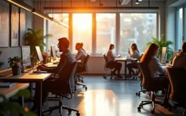 In einem hell erleuchteten, modernen Büro sitzen diverse Mitarbeitende entspannt und konzentriert an ergonomischen Arbeitsplätzen, tauschen sich offen und vertrauensvoll aus, während warmes Tageslicht durch große Fenster fällt und eine freundliche, einladende Atmosphäre schafft, die das fragile aber wertvolle Vertrauen innerhalb digitaler Communities symbolisiert.