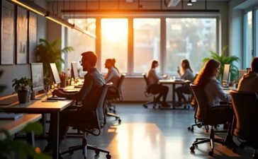 In einem hell erleuchteten, modernen Büro sitzen diverse Mitarbeitende entspannt und konzentriert an ergonomischen Arbeitsplätzen, tauschen sich offen und vertrauensvoll aus, während warmes Tageslicht durch große Fenster fällt und eine freundliche, einladende Atmosphäre schafft, die das fragile aber wertvolle Vertrauen innerhalb digitaler Communities symbolisiert.