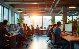 Ein hell erleuchtetes, modernes Entwicklerbüro mit lächelnden Programmierern an großen Bildschirmen, die konzentriert an plattformübergreifender Swift-Codebasis arbeiten, umgeben von natürlichem Tageslicht und warmen Holzakzenten, das den Aufbruch einer neuen Ära in der Android-Entwicklung voller Zuversicht und Teamgeist widerspiegelt.