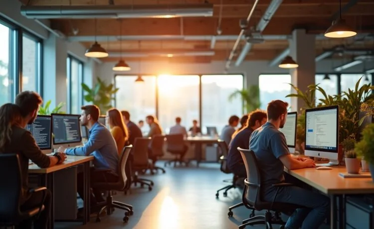Ein hell erleuchtetes, modernes Entwicklerbüro mit lächelnden Programmierern an großen Bildschirmen, die konzentriert an plattformübergreifender Swift-Codebasis arbeiten, umgeben von natürlichem Tageslicht und warmen Holzakzenten, das den Aufbruch einer neuen Ära in der Android-Entwicklung voller Zuversicht und Teamgeist widerspiegelt.