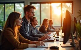 Helles, natürlich beleuchtetes Büro mit einem fokussierten Team aus IT-Experten unterschiedlichster Herkunft, die konzentriert an vernetzten Bildschirmen mit Live-Daten arbeiten, während warme Sonnenstrahlen durch große Fenster fallen und eine freundliche, kollaborative Atmosphäre voller Energie und Balance zwischen Technologie und Teamgeist schaffen.