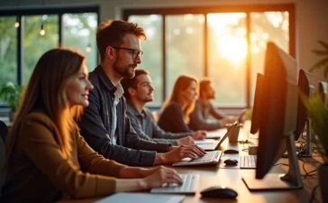 Helles, natürlich beleuchtetes Büro mit einem fokussierten Team aus IT-Experten unterschiedlichster Herkunft, die konzentriert an vernetzten Bildschirmen mit Live-Daten arbeiten, während warme Sonnenstrahlen durch große Fenster fallen und eine freundliche, kollaborative Atmosphäre voller Energie und Balance zwischen Technologie und Teamgeist schaffen.