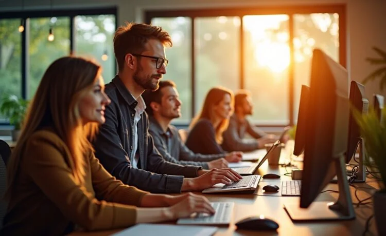 Helles, natürlich beleuchtetes Büro mit einem fokussierten Team aus IT-Experten unterschiedlichster Herkunft, die konzentriert an vernetzten Bildschirmen mit Live-Daten arbeiten, während warme Sonnenstrahlen durch große Fenster fallen und eine freundliche, kollaborative Atmosphäre voller Energie und Balance zwischen Technologie und Teamgeist schaffen.