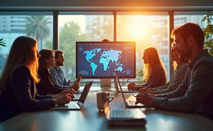 In einem modernen, lichtdurchfluteten Büro sitzen diverse europäische IT-Sicherheitsexperten in angeregter Diskussion vor Bildschirmen mit abstrakten Netzwerkgrafiken, während natürliche Sonnenstrahlen durch große Fenster Wärme und Vertrauen ausstrahlen und so das Thema Cyberabwehr und Datenschutz auf menschlich zugängliche Weise widerspiegeln.