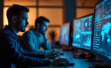 Ein hell erleuchtetes, modernes Büroambiente mit konzentrierten IT-Sicherheitsexperten, die vor mehreren Bildschirmen mit digitalen Netzwerkgrafiken arbeiten, strahlt fokussierte Ruhe und technische Präzision in einem warmen, freundlichen Licht aus.