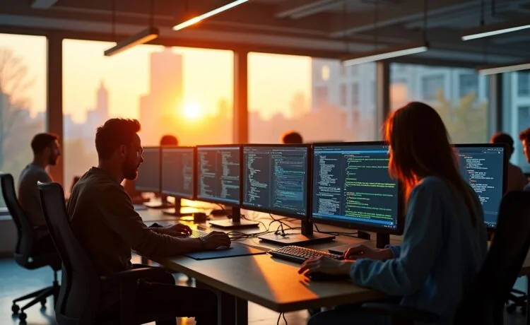 Ein hell erleuchtetes, modernes Arbeitszimmer mit warmem Tageslicht durch große Fenster, in dem eine diverse Gruppe konzentriert an mehreren Bildschirmen zusammenarbeitet, die komplexe Grafiken und Code zeigen – ein atmosphärisch cineastisches, freundliches Porträt von Teamgeist und digitaler Sicherheit in der Open-Source-Welt.