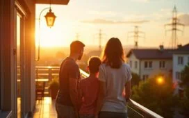 Ein strahlend helles, natürlich beleuchtetes Szenario zeigt eine junge Familie auf ihrem sonnendurchfluteten Balkon, auf dem moderne Balkonkraftwerke in warmen Tönen glänzen, während im Hintergrund sanfte Stadt- und Landschaftselemente die digitale Vernetzung und die Herausforderungen der Cybersicherheit im Energiesektor subtil widerspiegeln.