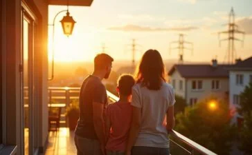 Ein strahlend helles, natürlich beleuchtetes Szenario zeigt eine junge Familie auf ihrem sonnendurchfluteten Balkon, auf dem moderne Balkonkraftwerke in warmen Tönen glänzen, während im Hintergrund sanfte Stadt- und Landschaftselemente die digitale Vernetzung und die Herausforderungen der Cybersicherheit im Energiesektor subtil widerspiegeln.