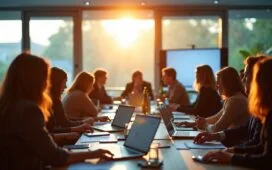 Ein hell erleuchteter Konferenzraum mit international zusammengesetzten Expert:innen, die konzentriert vor Laptops und digitaler Vernetzung stehen, während natürliches Tageslicht durch große Fenster fällt und eine Atmosphäre von Vertrauen, Kooperation und zukunftsweisender Cybersecurity schafft.