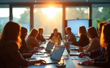 Ein hell erleuchteter Konferenzraum mit international zusammengesetzten Expert:innen, die konzentriert vor Laptops und digitaler Vernetzung stehen, während natürliches Tageslicht durch große Fenster fällt und eine Atmosphäre von Vertrauen, Kooperation und zukunftsweisender Cybersecurity schafft.