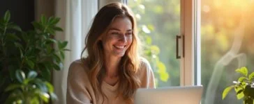 Ein heller, freundlicher Home-Workspace mit einer lächelnden Person vor einem modernen Laptop, umgeben von warmem Tageslicht und natürlichen Details, die eine positive Stimmung vermitteln und die konzentrierte Nutzung von ChatGPT im Alltag subtil symbolisieren.