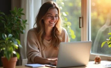Ein heller, freundlicher Home-Workspace mit einer lächelnden Person vor einem modernen Laptop, umgeben von warmem Tageslicht und natürlichen Details, die eine positive Stimmung vermitteln und die konzentrierte Nutzung von ChatGPT im Alltag subtil symbolisieren.