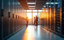 Ein hell erleuchtetes, modernes Rechenzentrum mit freundlicher Raumwirkung, in dem technisches Personal entspannt und engagiert an effizienten Server-Racks arbeitet, während warmes Tageslicht sanft durch große Fenster fällt und eine Atmosphäre von Innovation, Verantwortung und zukunftsweisender Energieeffizienz schafft.