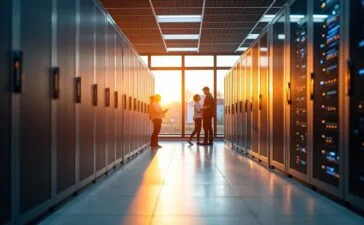 Ein hell erleuchtetes, modernes Rechenzentrum mit freundlicher Raumwirkung, in dem technisches Personal entspannt und engagiert an effizienten Server-Racks arbeitet, während warmes Tageslicht sanft durch große Fenster fällt und eine Atmosphäre von Innovation, Verantwortung und zukunftsweisender Energieeffizienz schafft.