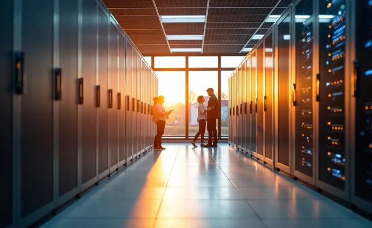 Ein hell erleuchtetes, modernes Rechenzentrum mit freundlicher Raumwirkung, in dem technisches Personal entspannt und engagiert an effizienten Server-Racks arbeitet, während warmes Tageslicht sanft durch große Fenster fällt und eine Atmosphäre von Innovation, Verantwortung und zukunftsweisender Energieeffizienz schafft.