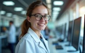 Ein strahlend helles, freundlich wirkendes Porträt eines jungen Forschers in einem modernen Labor mit natürlichem Tageslicht, umgeben von hochmodernen Computerbildschirmen und filigranen technischen Bauteilen, das die innovative, energieeffiziente KI-Architektur „Baby Dragon Hatchling“ in einem inspirierenden und warmen Ambiente verkörpert.