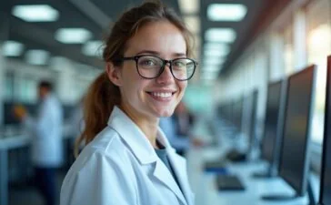 Ein strahlend helles, freundlich wirkendes Porträt eines jungen Forschers in einem modernen Labor mit natürlichem Tageslicht, umgeben von hochmodernen Computerbildschirmen und filigranen technischen Bauteilen, das die innovative, energieeffiziente KI-Architektur „Baby Dragon Hatchling“ in einem inspirierenden und warmen Ambiente verkörpert.