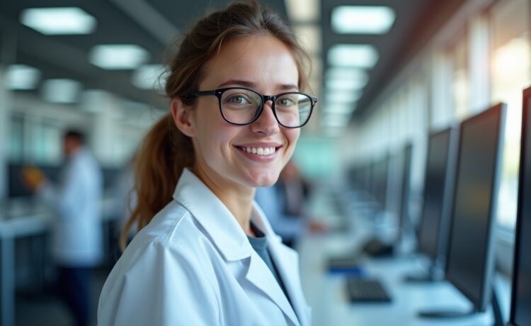 Ein strahlend helles, freundlich wirkendes Porträt eines jungen Forschers in einem modernen Labor mit natürlichem Tageslicht, umgeben von hochmodernen Computerbildschirmen und filigranen technischen Bauteilen, das die innovative, energieeffiziente KI-Architektur „Baby Dragon Hatchling“ in einem inspirierenden und warmen Ambiente verkörpert.