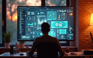 Ein hell erleuchtetes modernes Büro mit einem kreativen Designer vor einem großen Bildschirm, der konzentriert strukturierte KI-Grafiken entwickelt, während warmes Tageslicht durch große Fenster fällt und eine Atmosphäre von Fokus, Innovation und harmonischer Zusammenarbeit vermittelt.