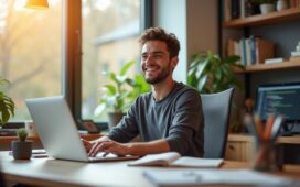 Ein modernes Entwicklerbüro, lichtdurchflutet durch große Fenster, in dem ein konzentrierter junger Programmierer mit freundlichem Lächeln vor einem aufgeräumten Arbeitsplatz sitzt, umgeben von offenem Laptop, Notizbuch und Code auf dem Bildschirm – strahlende natürliche Farben und warme Holztöne schaffen eine einladende, innovationsfreudige Atmosphäre.