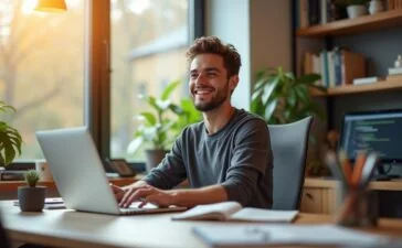 Ein modernes Entwicklerbüro, lichtdurchflutet durch große Fenster, in dem ein konzentrierter junger Programmierer mit freundlichem Lächeln vor einem aufgeräumten Arbeitsplatz sitzt, umgeben von offenem Laptop, Notizbuch und Code auf dem Bildschirm – strahlende natürliche Farben und warme Holztöne schaffen eine einladende, innovationsfreudige Atmosphäre.