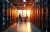 Ein warm ausgeleuchteter, moderner Serverraum mit konzentrierten IT-Administratoren, die im natürlichen Tageslicht entspannt an hochentwickelten Rechneranlagen arbeiten und gemeinsam die Zukunft der digitalen Infrastruktur mit Windows 11 25H2 gestalten.