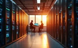 Ein warm ausgeleuchteter, moderner Serverraum mit konzentrierten IT-Administratoren, die im natürlichen Tageslicht entspannt an hochentwickelten Rechneranlagen arbeiten und gemeinsam die Zukunft der digitalen Infrastruktur mit Windows 11 25H2 gestalten.