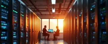 Ein warm ausgeleuchteter, moderner Serverraum mit konzentrierten IT-Administratoren, die im natürlichen Tageslicht entspannt an hochentwickelten Rechneranlagen arbeiten und gemeinsam die Zukunft der digitalen Infrastruktur mit Windows 11 25H2 gestalten.