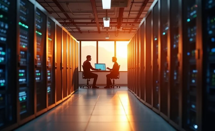 Ein warm ausgeleuchteter, moderner Serverraum mit konzentrierten IT-Administratoren, die im natürlichen Tageslicht entspannt an hochentwickelten Rechneranlagen arbeiten und gemeinsam die Zukunft der digitalen Infrastruktur mit Windows 11 25H2 gestalten.