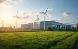 Sonnendurchflutetes Bild einer modernen Industriebrache am Stadtrand von Wolfsburg mit neu entstehenden, eleganten Rechenzentrum-Gebäuden, umgeben von grünen Wiesen und klar blauem Himmel, in warmer natürlicher Lichtstimmung, die Hoffnung und Zukunftsperspektiven für die regionale Infrastruktur ausstrahlt.
