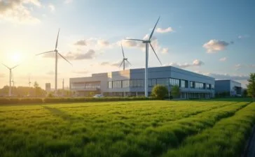 Sonnendurchflutetes Bild einer modernen Industriebrache am Stadtrand von Wolfsburg mit neu entstehenden, eleganten Rechenzentrum-Gebäuden, umgeben von grünen Wiesen und klar blauem Himmel, in warmer natürlicher Lichtstimmung, die Hoffnung und Zukunftsperspektiven für die regionale Infrastruktur ausstrahlt.