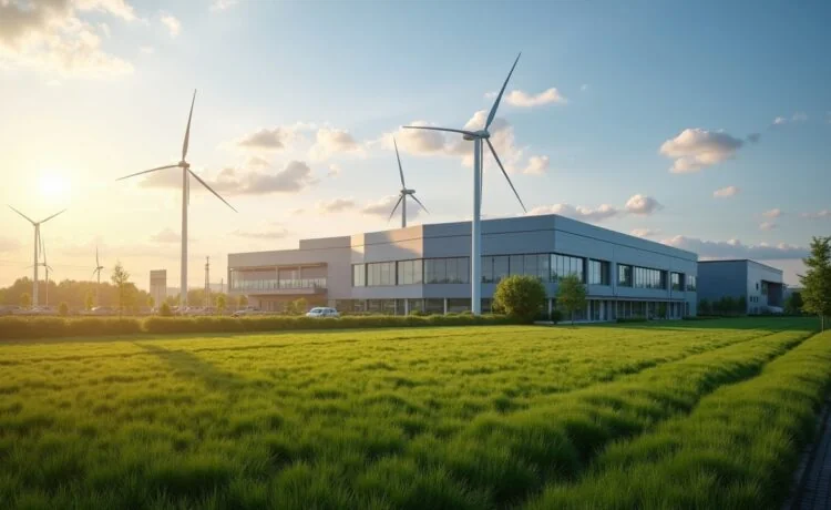 Sonnendurchflutetes Bild einer modernen Industriebrache am Stadtrand von Wolfsburg mit neu entstehenden, eleganten Rechenzentrum-Gebäuden, umgeben von grünen Wiesen und klar blauem Himmel, in warmer natürlicher Lichtstimmung, die Hoffnung und Zukunftsperspektiven für die regionale Infrastruktur ausstrahlt.