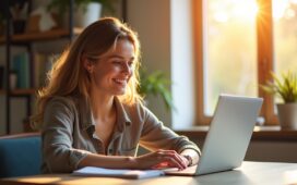 Ein strahlend helles, natürlich beleuchtetes Porträt einer entspannten Person vor einem modernen Laptop, die mit warmem Lächeln und fokussiertem Blick am digitalen Schutz ihrer persönlichen Daten arbeitet, umgeben von einem einladend gestalteten, stilvollen Arbeitsumfeld mit sanften Sonnenstrahlen, die durch ein Fenster fallen und eine Atmosphäre von Sicherheit und Zuversicht vermitteln.