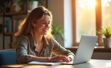 Ein strahlend helles, natürlich beleuchtetes Porträt einer entspannten Person vor einem modernen Laptop, die mit warmem Lächeln und fokussiertem Blick am digitalen Schutz ihrer persönlichen Daten arbeitet, umgeben von einem einladend gestalteten, stilvollen Arbeitsumfeld mit sanften Sonnenstrahlen, die durch ein Fenster fallen und eine Atmosphäre von Sicherheit und Zuversicht vermitteln.