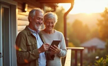 Ein sonnendurchfluteter Balkon mit moderner Mini-Solaranlage, auf dem ein entspannt lächelndes Paar mit einem Tablet die Energieflüsse seines smarten Heimkraftwerks überprüft, während warme Naturtöne und sanfte Sonnenstrahlen die Szene in eine vertraute und vertrauensvolle Atmosphäre tauchen.