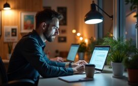 Ein modernes, hell erleuchtetes Arbeitszimmer mit einem entspannten Entwickler, der fokussiert vor einem Laptop sitzt, umgeben von Notizen und Kaffeetasse – dabei strahlt die Szene eine warme, einladende Atmosphäre aus, die Vertrauen und verantwortungsbewusstes Arbeiten im Bereich Web-Datenschutz symbolisiert.