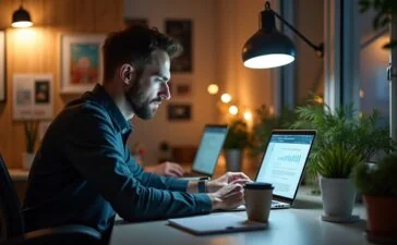 Ein modernes, hell erleuchtetes Arbeitszimmer mit einem entspannten Entwickler, der fokussiert vor einem Laptop sitzt, umgeben von Notizen und Kaffeetasse – dabei strahlt die Szene eine warme, einladende Atmosphäre aus, die Vertrauen und verantwortungsbewusstes Arbeiten im Bereich Web-Datenschutz symbolisiert.