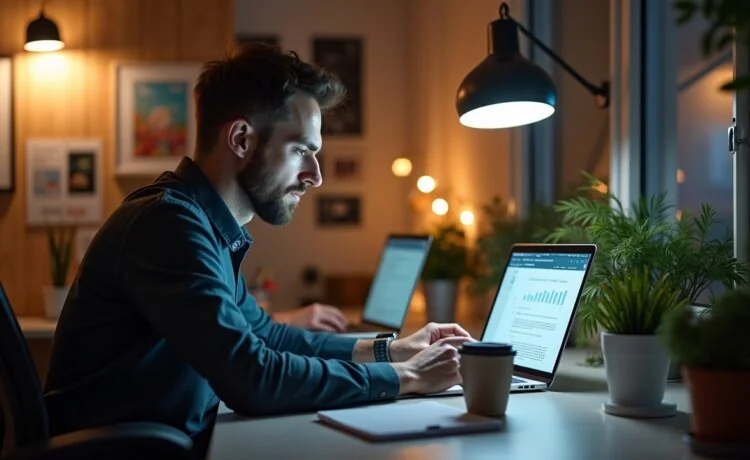 Ein modernes, hell erleuchtetes Arbeitszimmer mit einem entspannten Entwickler, der fokussiert vor einem Laptop sitzt, umgeben von Notizen und Kaffeetasse – dabei strahlt die Szene eine warme, einladende Atmosphäre aus, die Vertrauen und verantwortungsbewusstes Arbeiten im Bereich Web-Datenschutz symbolisiert.