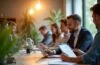 Ein lichtdurchflutetes modernes Büro mit fokussierten Menschen unterschiedlicher Herkunft, die am Laptop und Tablet sorgfältig Datenschutz-Checklisten und KI-Daten visualisieren, umgeben von warmen Holztönen und grünen Pflanzen, die eine vertrauensvolle Atmosphäre für verantwortungsvollen Umgang mit sensiblen Daten schaffen.