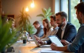 Ein lichtdurchflutetes modernes Büro mit fokussierten Menschen unterschiedlicher Herkunft, die am Laptop und Tablet sorgfältig Datenschutz-Checklisten und KI-Daten visualisieren, umgeben von warmen Holztönen und grünen Pflanzen, die eine vertrauensvolle Atmosphäre für verantwortungsvollen Umgang mit sensiblen Daten schaffen.