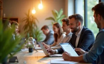 Ein lichtdurchflutetes modernes Büro mit fokussierten Menschen unterschiedlicher Herkunft, die am Laptop und Tablet sorgfältig Datenschutz-Checklisten und KI-Daten visualisieren, umgeben von warmen Holztönen und grünen Pflanzen, die eine vertrauensvolle Atmosphäre für verantwortungsvollen Umgang mit sensiblen Daten schaffen.