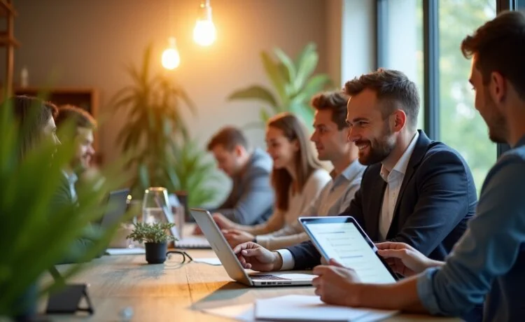 Ein lichtdurchflutetes modernes Büro mit fokussierten Menschen unterschiedlicher Herkunft, die am Laptop und Tablet sorgfältig Datenschutz-Checklisten und KI-Daten visualisieren, umgeben von warmen Holztönen und grünen Pflanzen, die eine vertrauensvolle Atmosphäre für verantwortungsvollen Umgang mit sensiblen Daten schaffen.